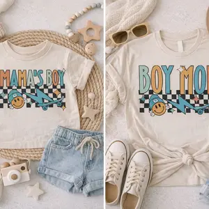 Mommy & Me Matching Set - Mama's Boy & Boy Mom Graphic Tees with Denim Shorts and Sunglasses