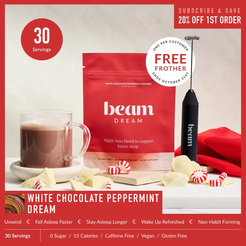 Beam Dream Sleep Support Nighttime Drink Mix – White Chocolate Peppermint, Melatonin, Magnesium & L-Theanine, Sugar Free, Caffeine Free, 15 Calories, 30 Servings