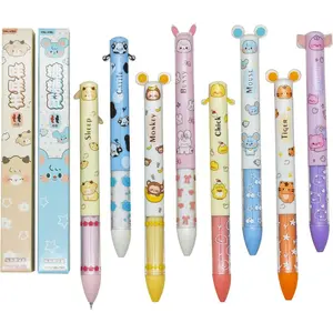 8 count 2 Colors Cute Zodiac  Ears Pens Multicolor 2-in-1 Click Pen 0.5 mm Black Red Ink 8 Styles Kawaii Pig  Chick  Cow Tiger Sheep Monkey Pens for Shcool Office Party Favors