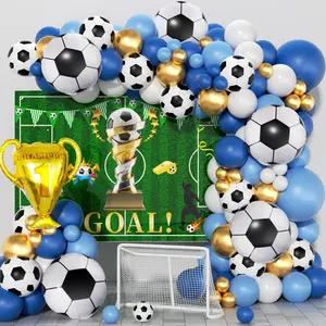 Soccer Party Decorations 160 count, Soccer Balloon Garland Arch Kit with Backdrop Banner 18'' Football Foil Balloons, Blue and White  Balloons for Boys  Fan Birthday Soccer Party Decor