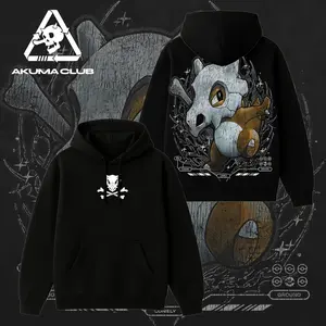 Cubone Anime Graphic Hoodie PKM Inspired Washed Tee Oversized Streetwear Black Cotton Sweatshirt Cute Japanese Cartoon Graphic Shirt Casual Harajuku Fashion Anime Merch