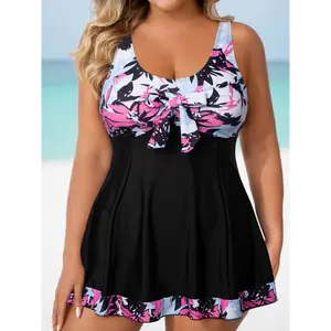 [Plus Size Off-Shoulder Tankini] Women'S Plus Size Tankini Swimsuit, Elegant Floral Print, Off-Shoulder Push Up Top with Tie Front Detail, High Stretch Knit Fabric, Removable Chest Padding, Shorts Bottom, Polyester 82%, Elastane 18% - Big-t