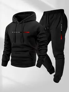 Men's Fall Winter Casual Set, Trendy Hooded Sweatshirt + Jogger Pants Combo, Paris Print, Streetwear Style, Fabric Fitted Long Sleeve Top