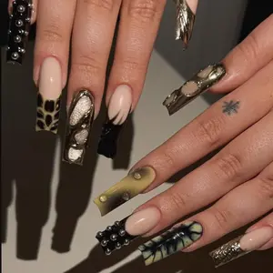 Luxury Edgy Glam Press On Nails | Metallic Chrome, Leopard & 3D Stud Art Design | Handmade Bold Statement Nails