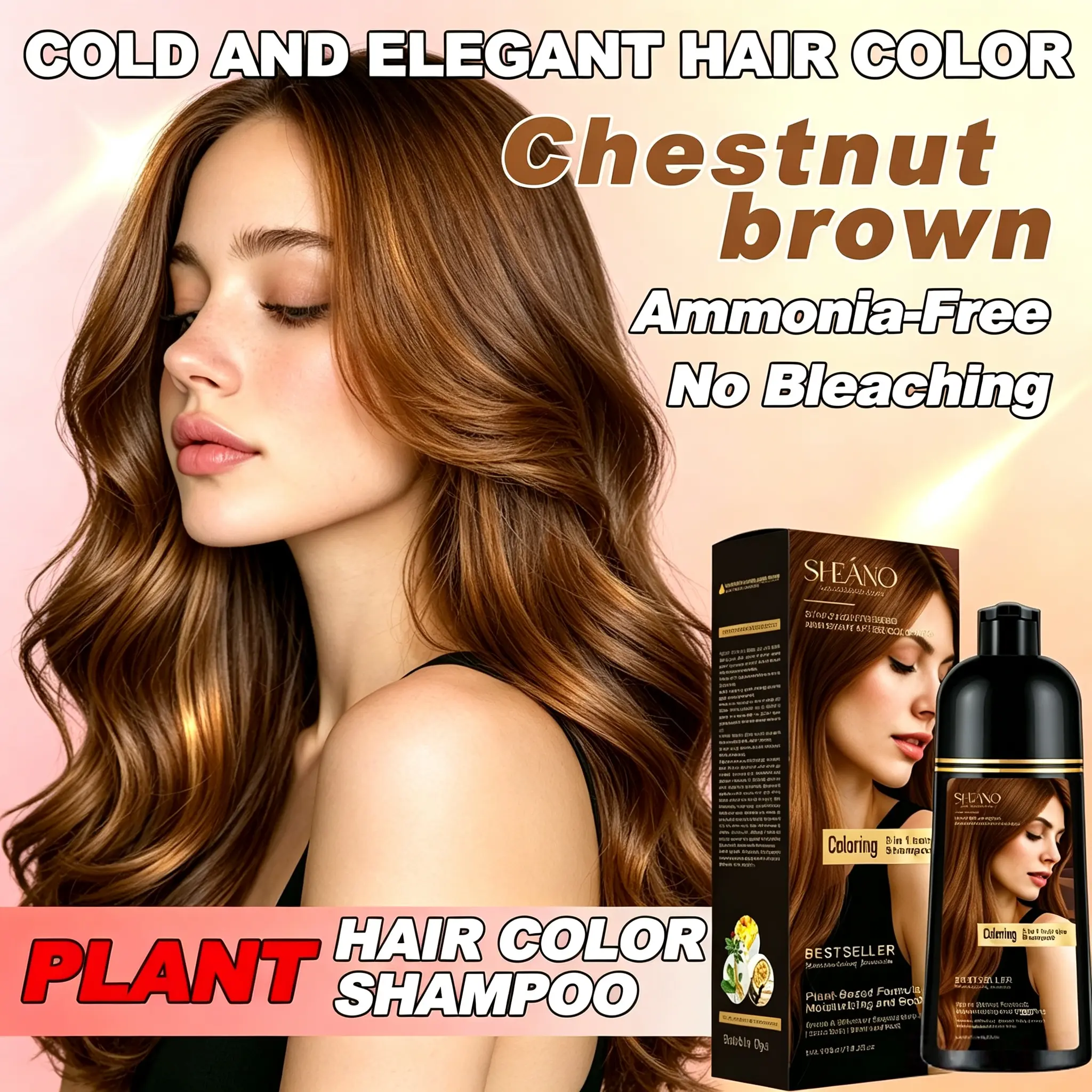 Cold And Elegant Hair Color-Chestnut Brown,Ammonia-FreeNo Bleaching,3-in-1 Multi Color Hair Color Shampoo, Vegan Herbal Extracts, Gentle for Sensitive Scalp, Quick At-Home Gray Hair Coverage, Nourish & Repair Damaged Hair, For Men & Women