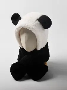 Autumn Winter Fleece-Lined Warm Panda Head Scarf Hat, Patchwork Snow Cap, Cozy and Stylish Accessories for Women