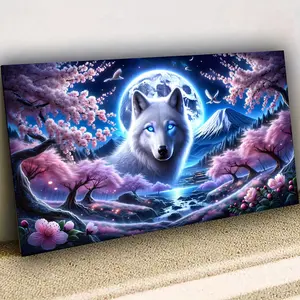1pc 80x40cm(31.5x15.75 inch) Dream White Wolf Wonderland Full Moon Night Diy Diamond Painting Full Round Diamond Mosaic 5d Diamond Embroidery Psychedelic Art New Arrival Nordic Art Home Decor