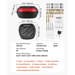 VEVOR Motorcycle Top Case, Universal Durable PP Material Motorbike Tail Box with Reflective Panel, 62L Waterproof Detachable Motorcycle Top Box with Multi-Hole Base, Fit for 99 of Motorcycle Frames