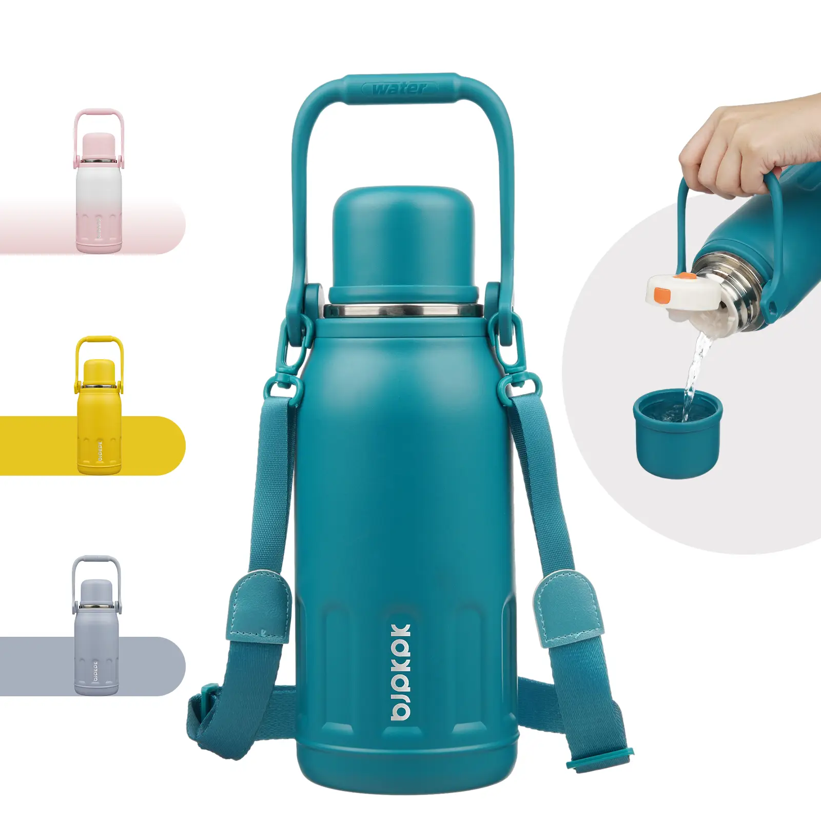 BJPKPK Insulated Water Bottle with Handle and Strap Vacuum Travel Tumbler with Cup Lid Thermo Coffee Cup for Hot Cold Drinks