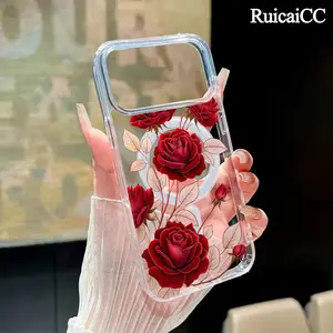 Blooming Red Roses Pattern Magnetic Phone Case for iPhone 15 Plus 17 16 Pro Max Air 14 13 12 11 Transparent Shockproof Soft Premium Stylish Durable Protection Case
