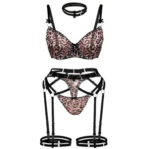 Parthenope Lingerie for Women Mesh Sheer Classic Leopard Sexy Lingerie Bra and Panty Lingerie Set with Garter Belt & Choker