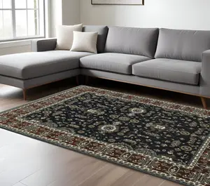 HomeRoots Oriental Fringed Rectangle Area Rug, 7x10 ft, Navy Blue & Rust, Decorative Rug for Dining Room, Dining Room Rug