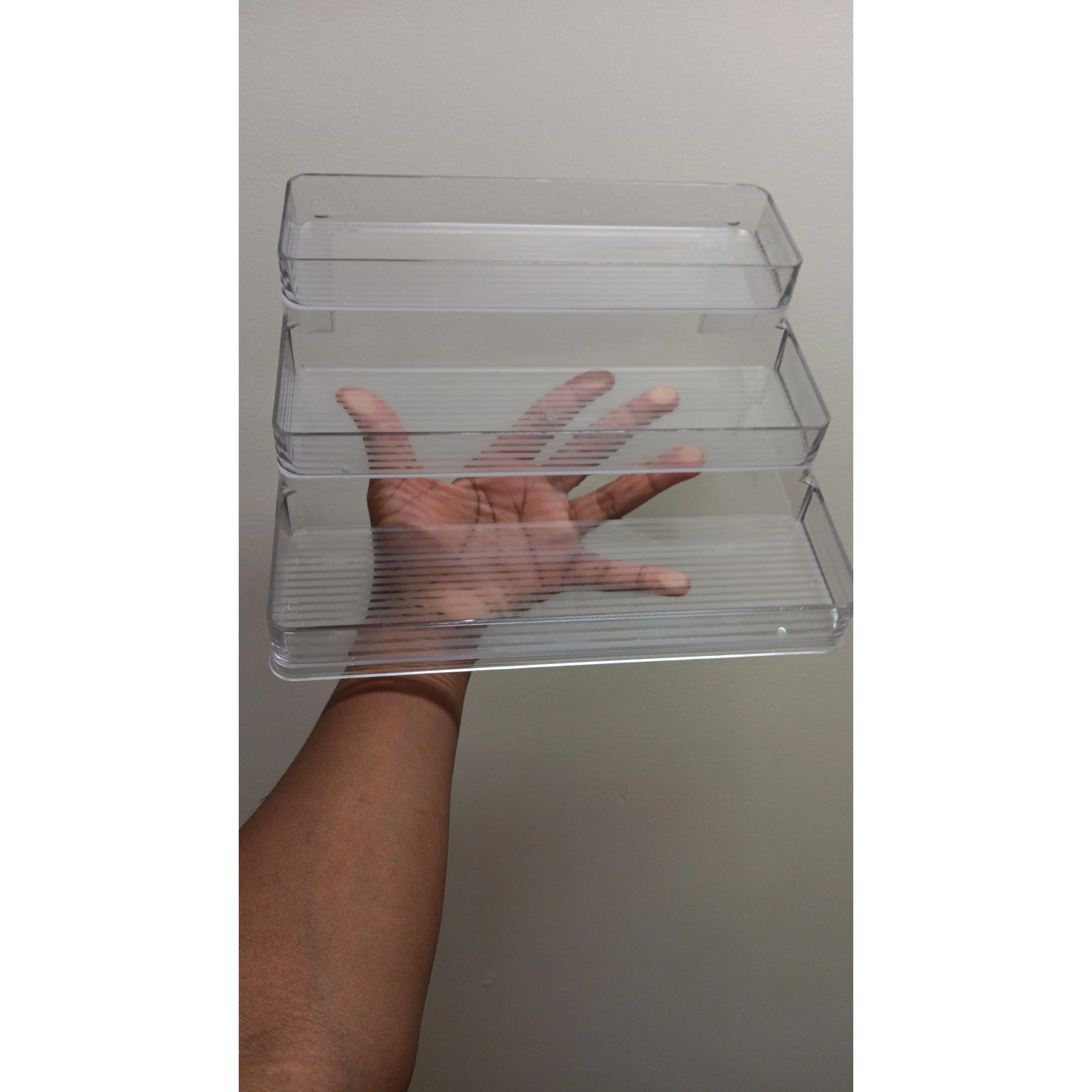 Clear Plastic Storage Tray Set of 3 Stackable Organizers for Kitchen & Bathroom