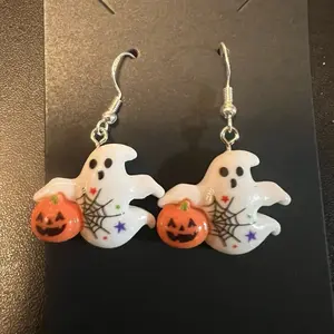 Halloween Ghost Earrings with Pumpkin and Spiderwebs - Festive Halloween Jewelry for Women