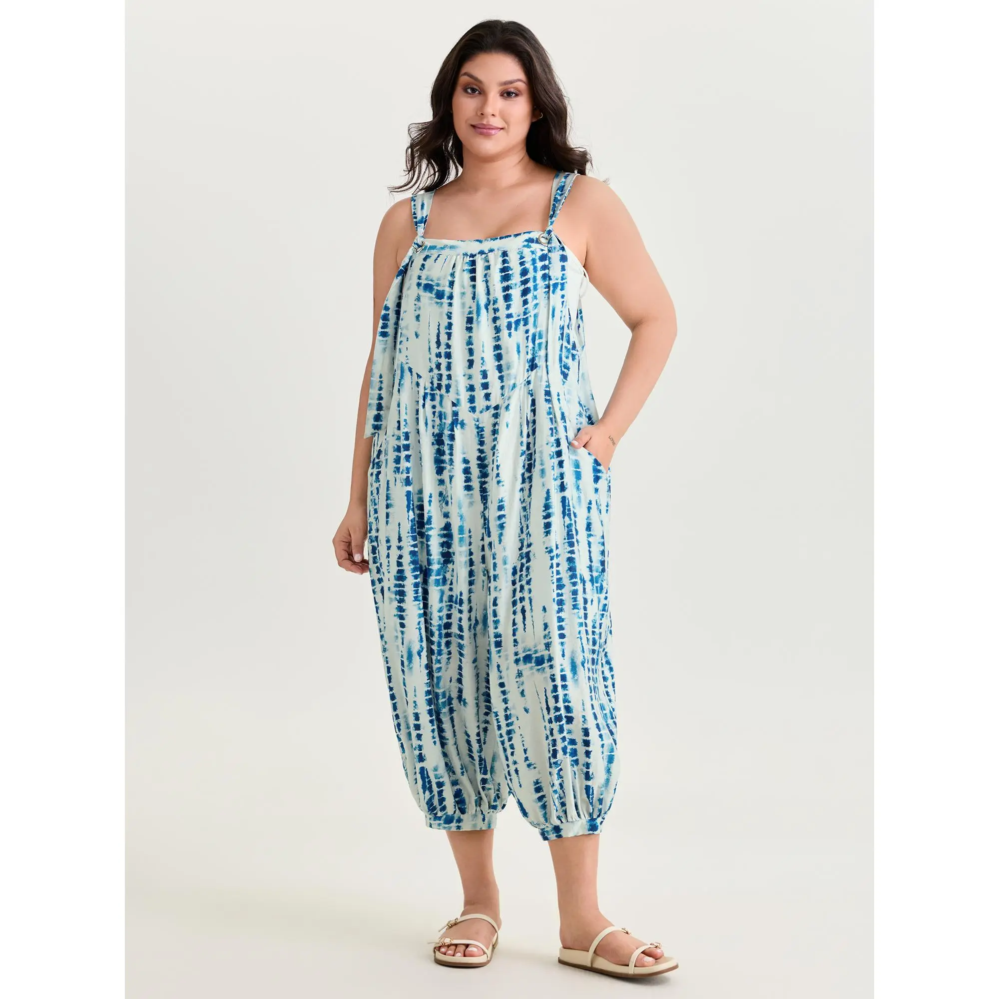 BloomChic Women's Plus Size Casual Tie-Dye Overalls, Flowy Capri Jumpsuit in a Smooth Rayon Blend with Adjustable Straps and Pockets, Nylon
