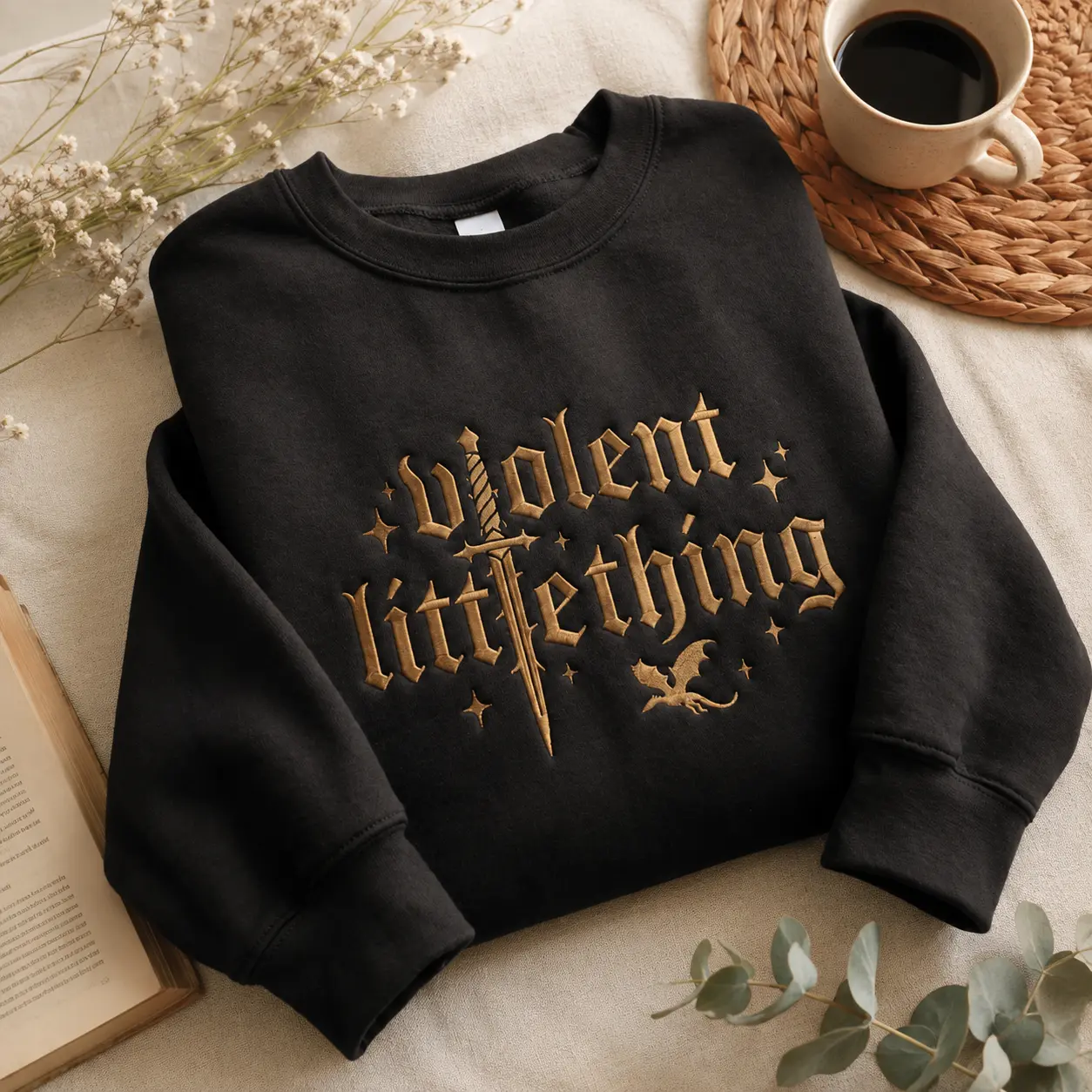 Violent Little Thing Embroidered Sweatshirt, Fourth Wing Dragon Shirt, Romantasy Bookish Merch Sweater, Gothic Fantasy BookTok Gift