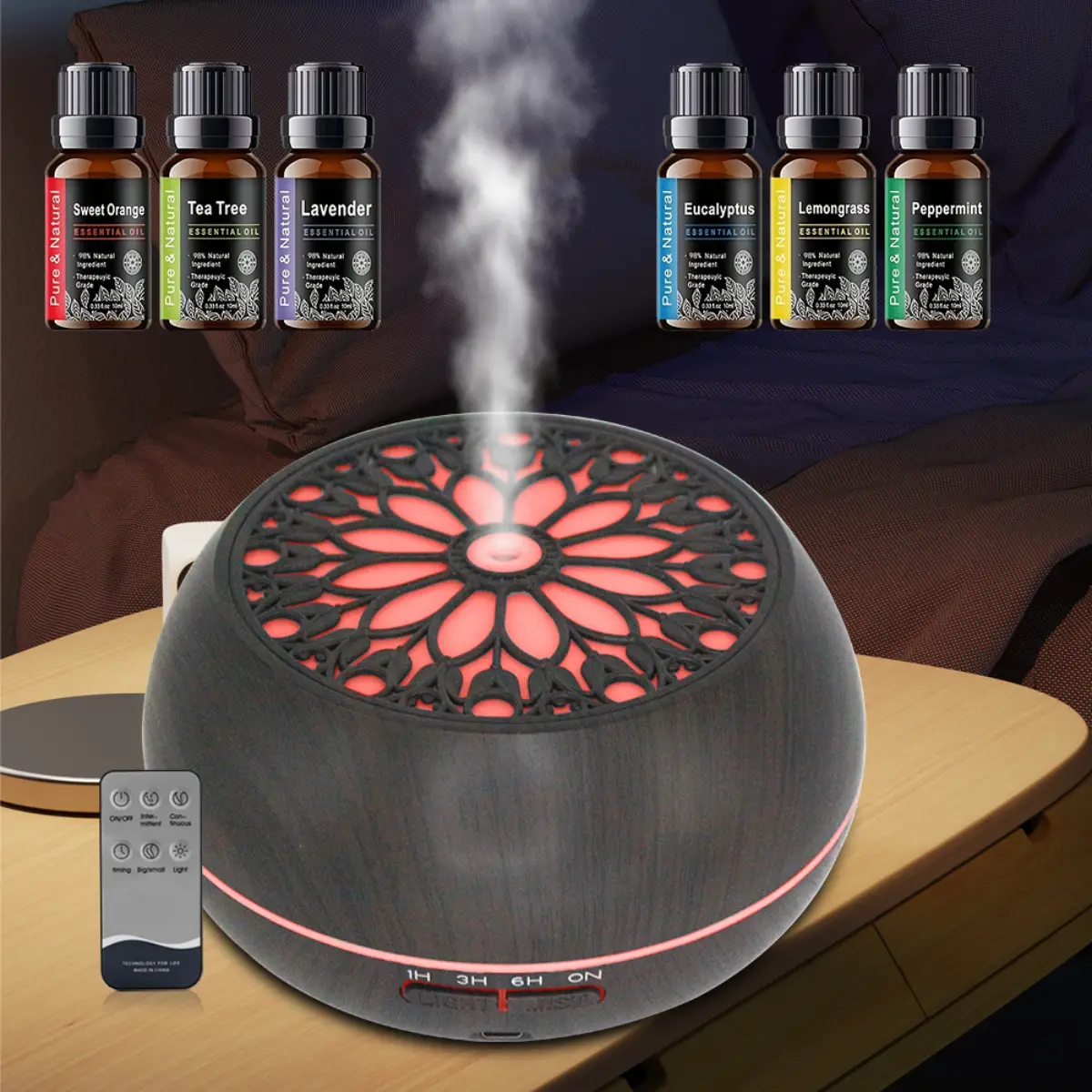 Ultimate Aromatherapy Kit: 550ml Essential Oil Diffuser with Remote, Auto-Off Timer, 7 Color Options & 6 Premium Essential Oils