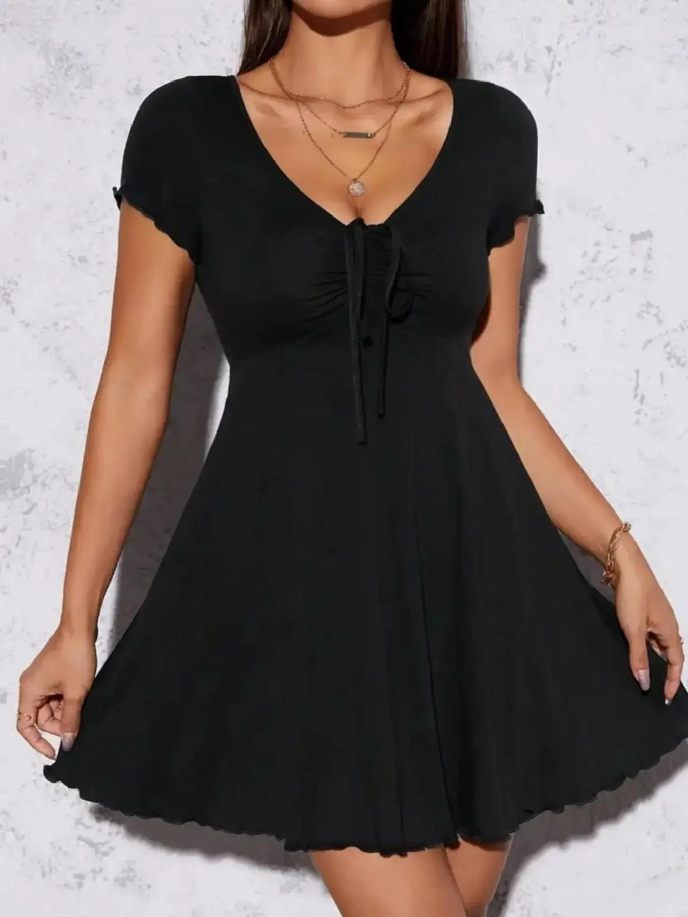 Chic Elegance V Neck Tie Waist Dress, Short Sleeve Cinched Waist A-Line Skirt, Slimming Sexy Girl Dress, Pure Desire Style, Women's Fashion, Tie Waist Detail, A Line Dresses, Beginning Boutique Dress