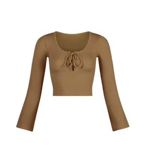 Isla Top - Stylish Ribbed Lace-Up Roundneck Bell Longsleeve Top in 92% Nylon 8% Spandex for Everyday Wear