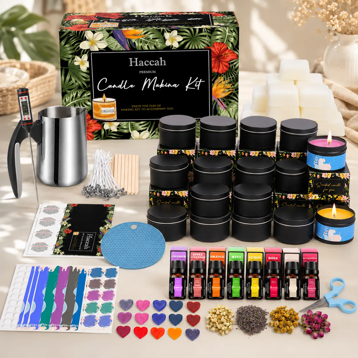 DIY Candle Making Kit for Adults & Beginners - Beeswax Base, 2.1LB Beeswax, 16 Candle Tins, 8 Scents, 550ML Pouring Pot, Wicks, Dyes, Creative Fun, Easy Setup, Gift-Ready Pack