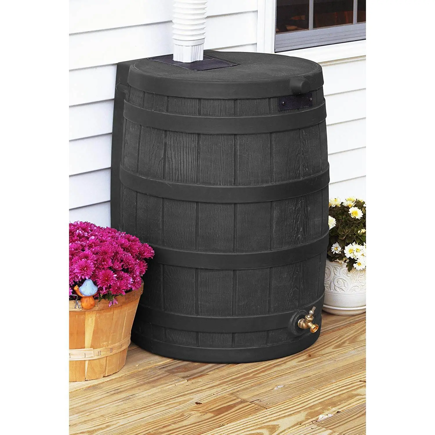 Good Ideas Rain Wizard 50 Gallon Plastic Rain Barrel Water Collector, Black Wood Faux Mother Wall Good Ideas Rain Wizard 50 Gallon Plastic Rain Barrel Water Collector, Black Wood Faux Mother Wall