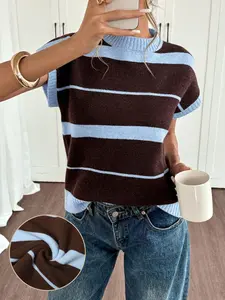 Women's Striped Round Neck Knit Short Sleeve Top, Casual Versatile Simple Fashion, Ideal for Spring Summer Daily Commute, Outdoor Activities