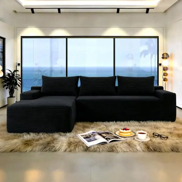 97" Cloud Sofa Sectional Couch with L-Shape Chaise,Modern Modular Sofa with Deep Seat, Upholstered Couches for Living Room Bedroom,No Assembly Required, (Corduroy Fabric),Black