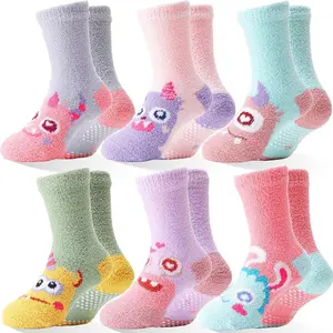 qqc  F-SOK41  Kids Girls Toddlers Fuzzy Socks with Grips Non Slip Slipper Socks Fluffy Cozy Cabin Plush Warm Crew Socks 6 Pack