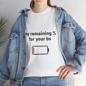 Men's Short-Sleeve Round Neck Cotton Knit Ribbed Top - Soft Normal Type Streetwear T-Shirt with "My Remaining % for Your BS" Low Battery Humor Graphic, Machine Washable, Cold Wash Compatible