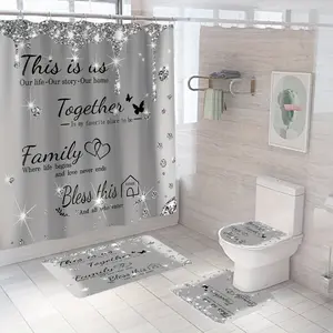 1/4pcs Sparkling Diamond Letter Printed Shower Curtain for Bathroom luxury grey Shower Curtains Set with bath mats rugs Non-slip carpet Toilet Lid Cover home Decor Bathtub Partition Bathroom Accessories