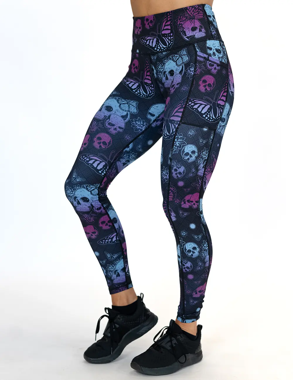C V G Women's High-Waist Skull & Butterfly Print Leggings, Fabric with Side Pockets, Athletic Bottoms for Everyday Casual & Dynamic Training