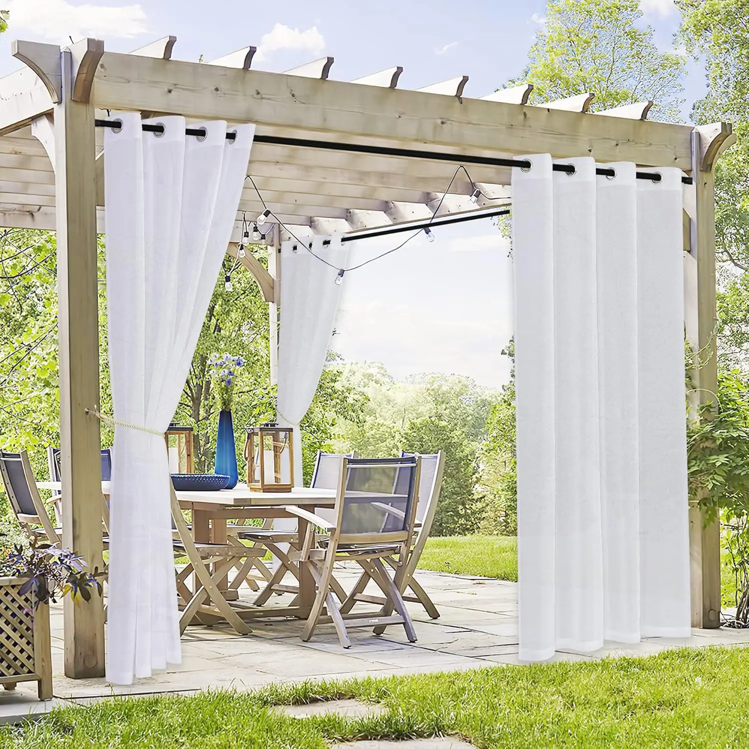 2 Panels Outdoor Curtains for Patio - Linen Look Semi-Sheer Curtains for Patio , Indoor Outdoor Drapes for Gazebo Pergola Balcony Pool , Wide 54 x Long 84