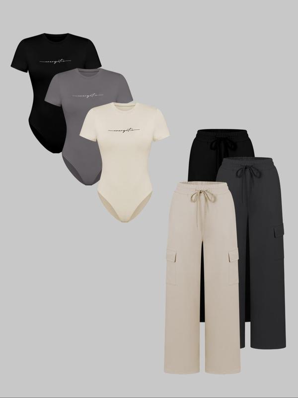 Women's Knit Letter Print Two-Piece Set, Casual Fitted Short Sleeve Jumpsuit & Long Pants, All Seasons Fashion