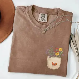 Women's Oversized Short-Sleeve Comfort Colors Fabric T-Shirt, Wildflower Pocket Print Top, Cute Butterfly Cottagecore Floral Graphic Shirt, Nature Lover Gift - Francis Reminder