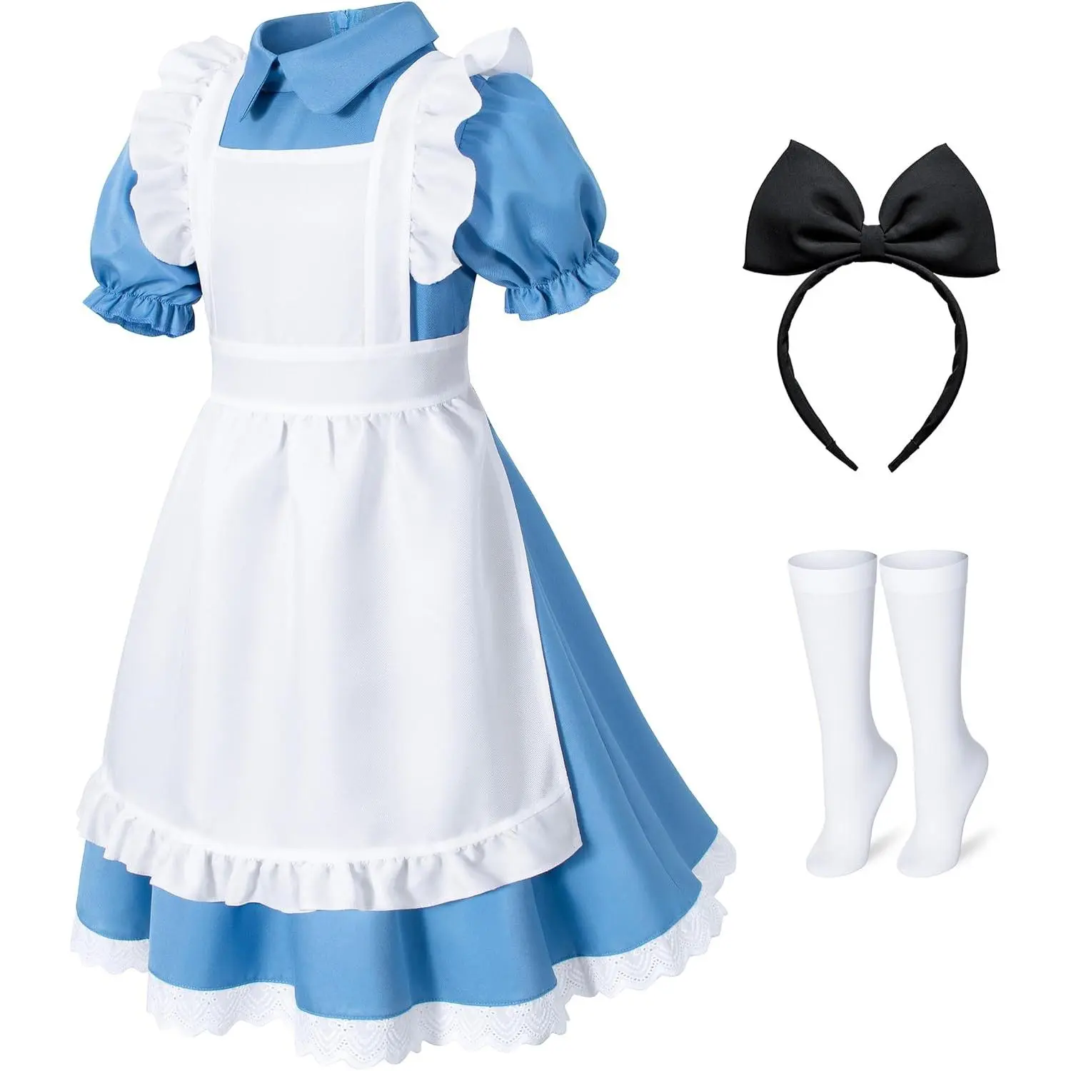 Girls' Classic Blue Polyester 4-Piece Costumeshalloween Set - Halloween Role Cosplay Outfit with Apron, Headband, Stockings for 3+ Years, 9-10, 11-12 - Classy Party Dress Up Clothes