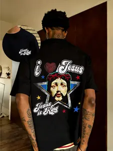 American Vintage Jesus Print Loose T-Shirt, Men's Christian Streetwear, Short Sleeve Long Tee, Fitted Casual Top, Letters Pattern