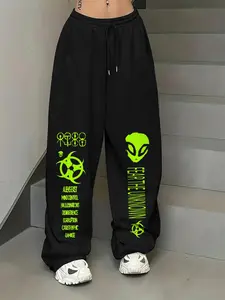 Women's Alien Print Drawstring Waist Sweatpants, Casual Comfy Jogger Pants for Daily Wear, Ladies Bottoms for Summer