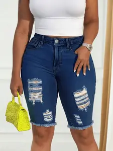 Women's Distressed Bermuda Shorts, Stretch Vintage Denim Button Fly with Frayed Hem, Fashion Summer Casual Y2K Street Style
