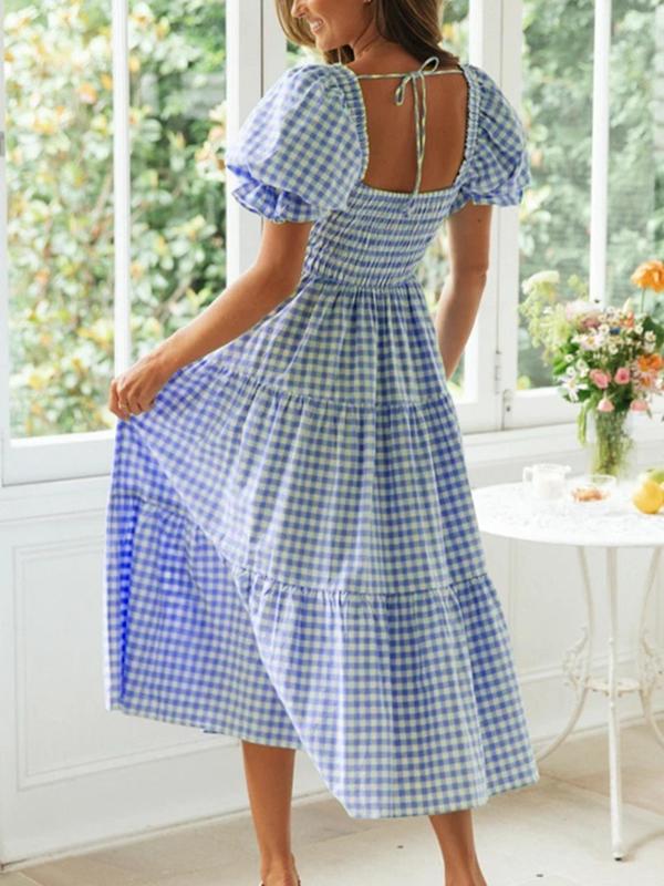 Women's Gingham Print Bubble Sleeve Dress, Casual Short Sleeve Square Neck A Line Dress for Summer, Women's Clothing for Daily Wear