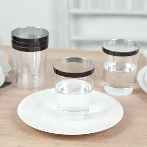 25-Pack Plastic Tumbler Cups 10oz Clear with Black Rim - Disposable Crystal Drinking Glasses for Parties