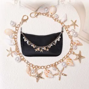1Pc Ocean Handbag Chain Alloy Beach Conch Pearls Starfish Shells Bag Charm Stylish Gold Sea Shell Beachy Seashell Bag Jewelry Decoration Accessories For Women Friend Wife Gift