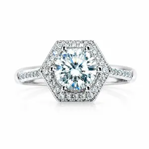 SKU J-005 - Hexagonal Halo Moissanite Ring, 0.8 ct, D Color, VVS1 Sparkle, Moissanite Gemstone, Diamond-Like, Halo Setting, Moissanite Gemstone Rings, Hexagonal Rings