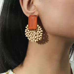 Bohemian Wooden Beaded Drop Earrings, Handmade Geometric Wood and Bead Dangle Earrings, Casual Summer Earrings for Women Mother's Day gift Graduation Gift 2026
