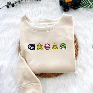 Retro M@rio Power Ups Embroidered Sweatshirt, Pixel Game Icons Shirt Hoodie, Pixel Gaming Aesthetic Sweater Gift