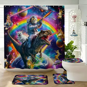 Space Cat Dinosaur Theme Shower Curtain Set, Multicolor Starry Sky, Includes Plastic Hooks, Non-Slip Mat, U-Shaped Toilet Pad, Bathroom Decor