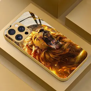 Lion Roar Flame Gold Pattern Protective Phone Case, Stylish Minimalist Design, Compatible with iPhone Series 7-16, Latest Tempered Glass Technology