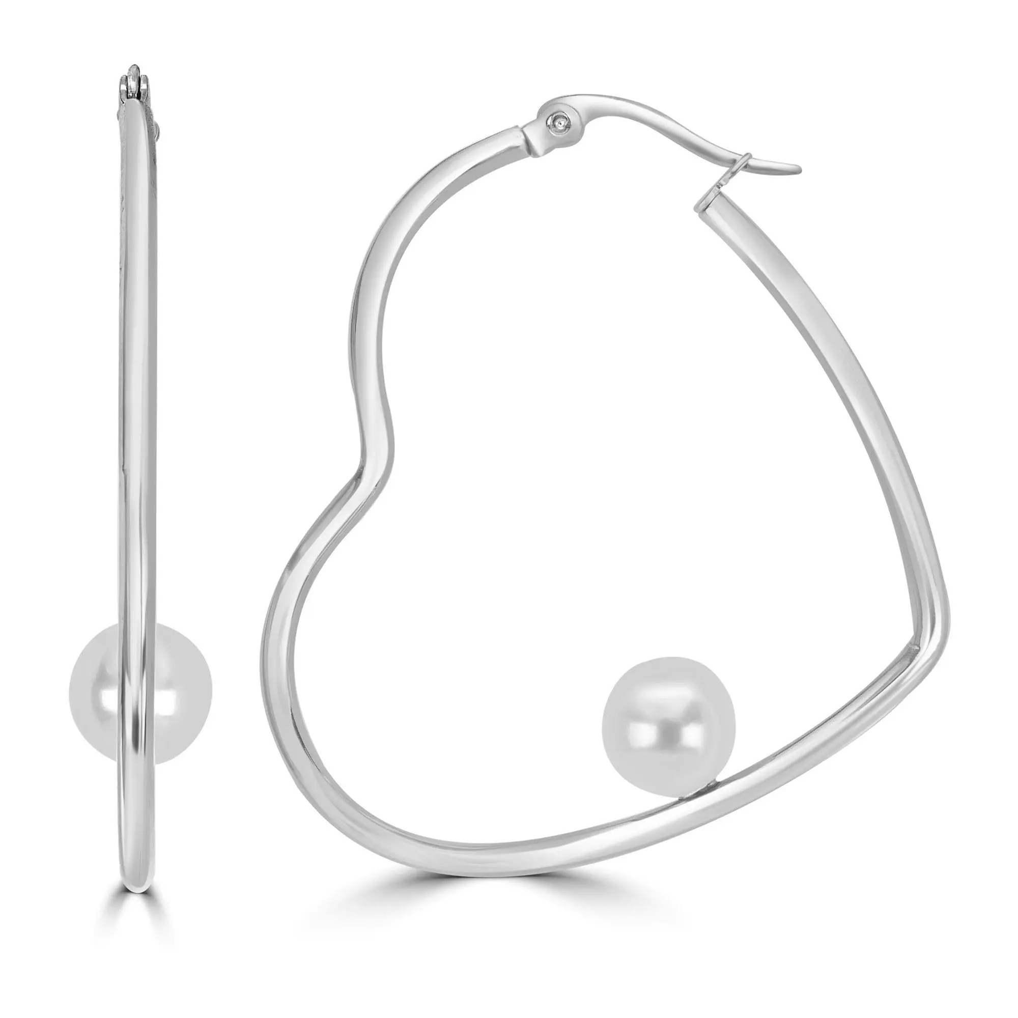 Steel By Design Simulated Pearl Heart Hoop Earrings