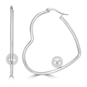 Steel By Design Simulated Pearl Heart Hoop Earrings