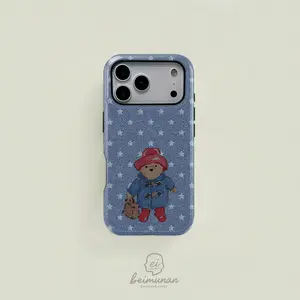 1PC Paddington Bear Star Denim Print Phone Case， Rugged Shockproof 2in1 Protective Cover for iPhone 17 16 15 14 13 12 Pro Max， Samsung Galaxy S25 S24 S23 S22 Ultra Series Holiday Gift Minimalist Fashion Case