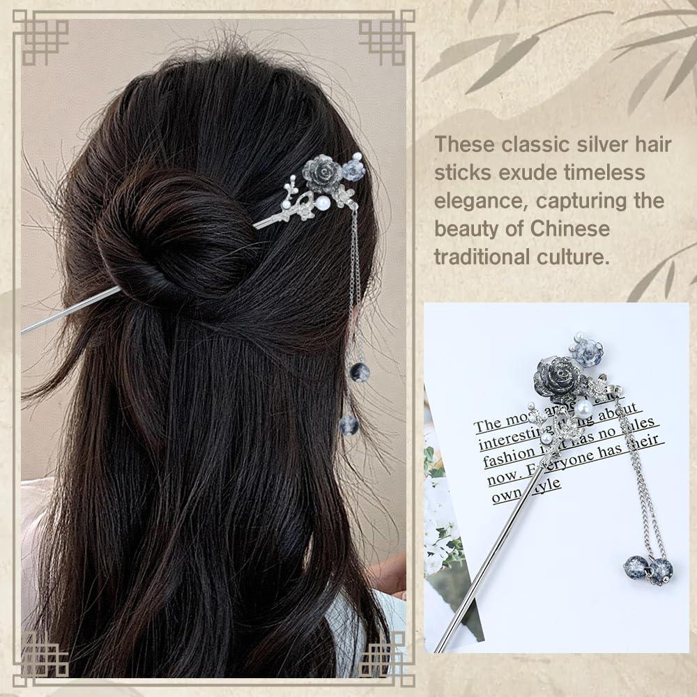 8 PCS Retro Vintage Traditional Hanfu Silvery Metal Flower Hair Sticks with Bead Pendants Bamboo for Lotus Long Hair Chopsticks Forks Bun Updo Holders Hairpins